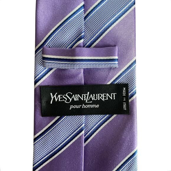 Vintage Yves Saint Laurent YSL Silk Tie Striped Italy Lavender Purple Blue White - Picture 2 of 9
